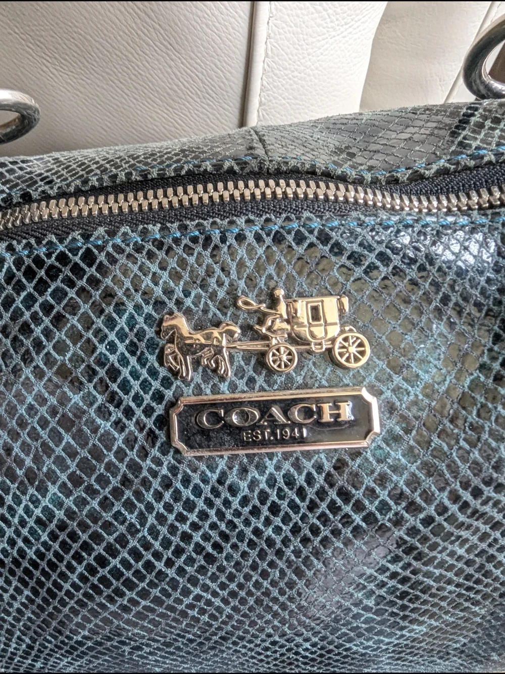 Vintage Coach MadisonLindsey Satchel in a blue/teal python-embossed leather